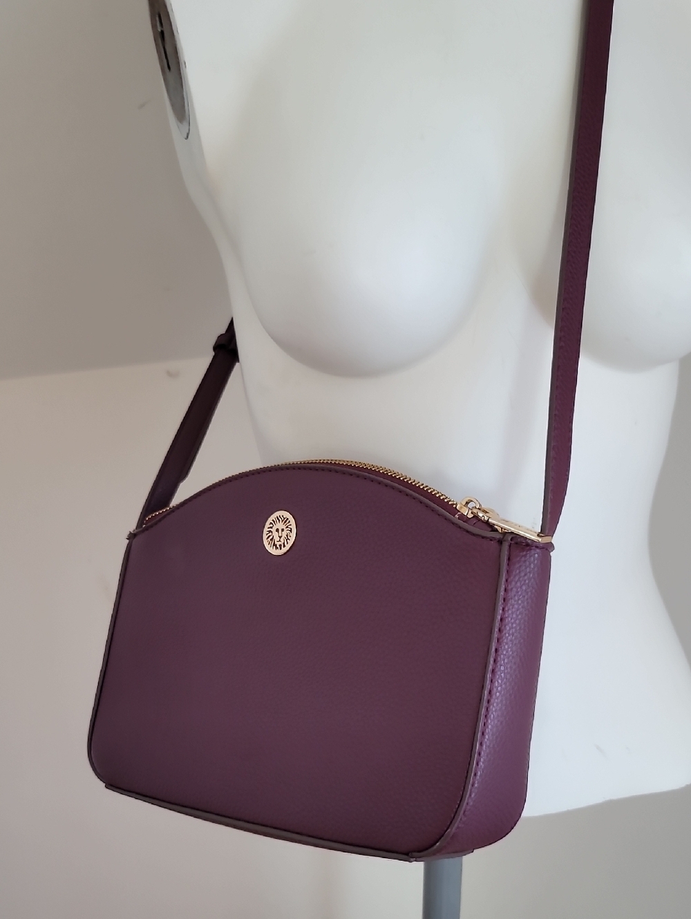Anne Klein Womens Burgundy Triple Crossbody Stractuard Pebbled Saddle Bag.
